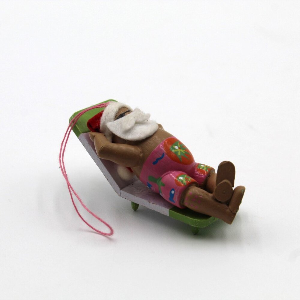 Wooden Hand Painted 4" Santa Clause Sun Bathing Hanging Christmas Ornament